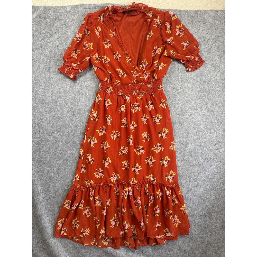 Ryan Michelle Women Petite PS Floral Midi Dress Burnt Orange Smocked Ruffle Hem